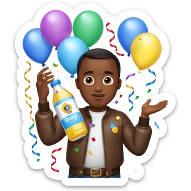 Diddy holding baby oil at a party with balloons and confetti and banners oiled up with kids oiled up sticker