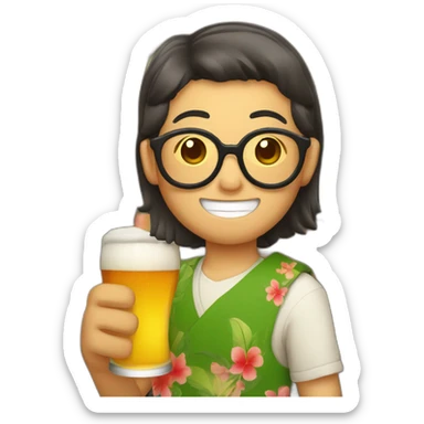 Japanese wearing roundglasses alohashirt is holding beer sticker