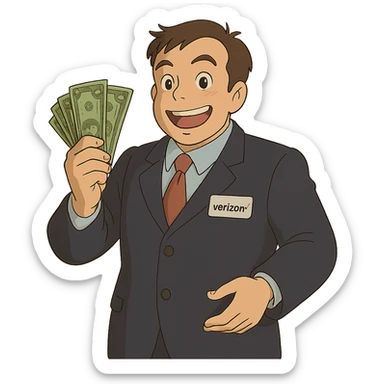 ghibli style Verizon sales man with money sticker