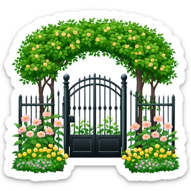 garden entrance with black iron fence, green trees and flowering plants sticker