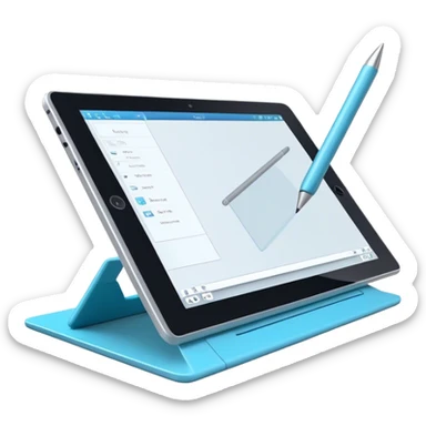 Create an emoji for 3D visualization and modeling. Show a large graphic tablet with a stylus drawing in a 3D modeling program. The 3D model on the screen should appear to protrude out of the screen. Use modern, professional colors. Make the background transparent. sticker