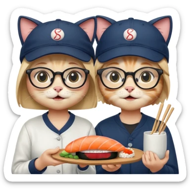 cute girl cat with glasses and a cute boy cat with a baseball cap eating sushi together sticker