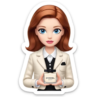 A Barbie girl with blue eyes, shoulder-length reddish-brown hair with makeup, wearing a white tweed jacket and a black skirt, holds chanel cream in her hand sticker