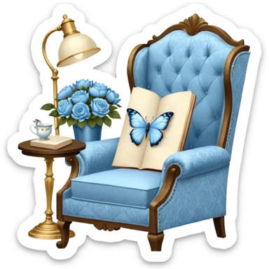 A cozy vintage-inspired reading nook, with an overstuffed ivory armchair, a golden reading lamp, and a bouquet of soft blue roses, white peonies, and dahlias resting on a small lace-covered side table, as a pearl butterfly gently rests on the open book.  sticker