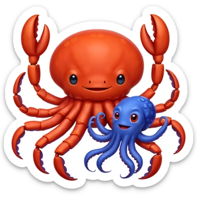 a red crab with two claws and a blue octopus are friends sticker