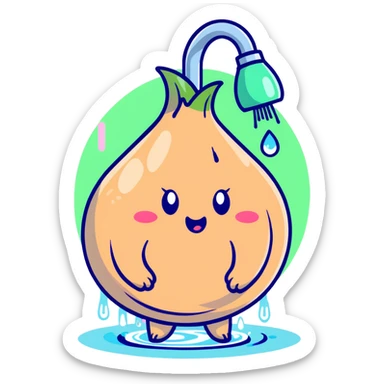 cute blushing onion character in shower, pink cheeks, shy expression, water pouring sticker