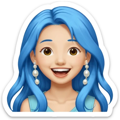 Asian girl with long blue hair, pearl hair clip, laughing out loud, nature lover sticker