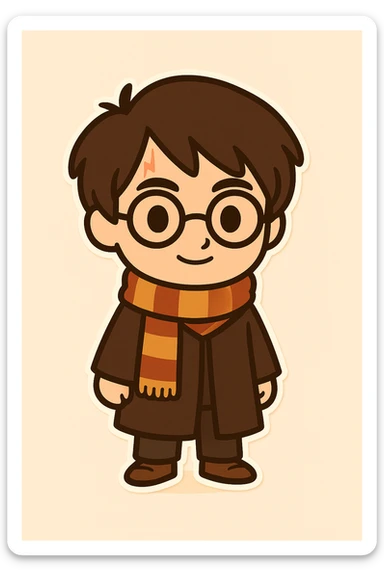 Full body illustration of Harry Potter in a cute, cartoon, simplified style similar to the previous image. Features include dark brown hair, round glasses, scar on forehead, striped scarf, Hogwarts robe, friendly expression, no wand, with bold black lines and soft colors. sticker
