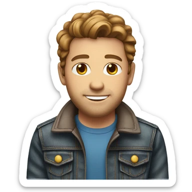 White man brown hair jeans jacket with birthday cake sticker