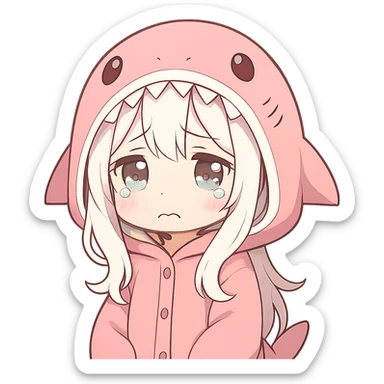 cute anime style girl with white hair wearing a pink shark onesie, very cute sad expression sticker