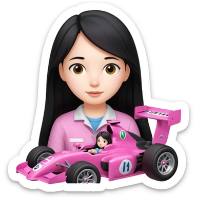 long black haired girl kid playing pink colored formula 1 car toy sticker