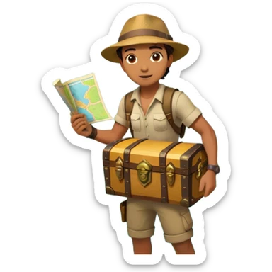 Icon for Adventure Movie: A vibrant, cinematic poster-style design featuring an action-packed scene. Include an adventurer with a map, a treasure chest, a jungle background, a towering mountain, and ancient ruins. Bright colors, bold typography, and an exciting atmosphere. Transparent background. sticker