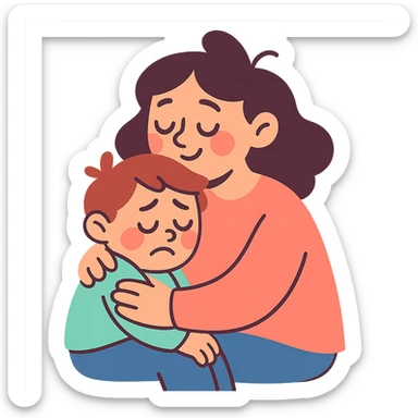 mother hugging a sad child, soft lines, pastel colors sticker
