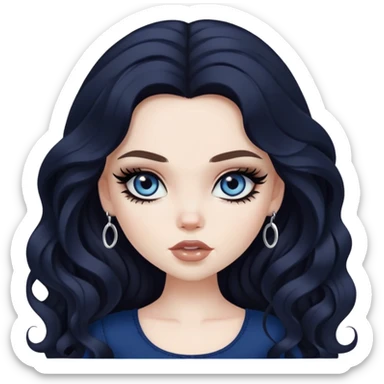 pretty bratz baddie, black eyeliner, pale skin, dark brown clong wavy hair, dark blue  eyes sticker