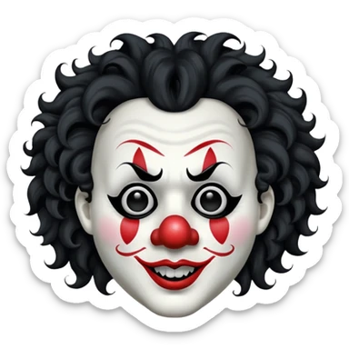 generate white clown mask emoji with a big curly black hair 

black coloured  lips and no teeth, no red nose but instead long and pointy white nose with no nostrils, pitch black eyes with no pupils, no brows sticker
