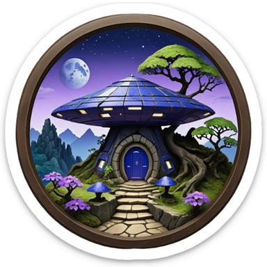 Crashed Alien saucer-castle jungle winding footpath mountainside getaway haunted nighttime landscape antique mudman very old broken cracked intricate Stone Age lapis-crusted irregular dodecagon-shaped shallow dark moss rough bark violet flowered maple treehouse bonsai sticker