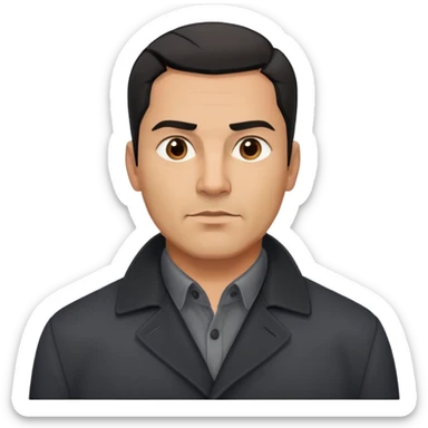 Strong built middle-aged Hispanic man with tan complexion, short black straight hair combed back with faded sides, square masculine face with defined jawline, wearing black coat and gray button-up shirt tucked in sticker