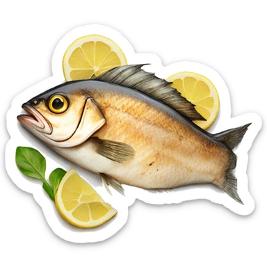 Realistic plated grilled fish on plate with lemon sticker
