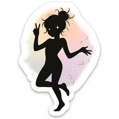 minimalist silhouette of a radiant, delicate figure with a soft pastel aura, a hint of sparkle in the eyes, and a graceful pose, exuding carefree charm and playful chaos sticker