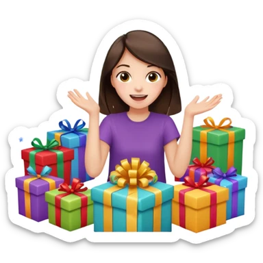 brunette girl opening birthday presents, excited, surrounded by gifts and streamers sticker