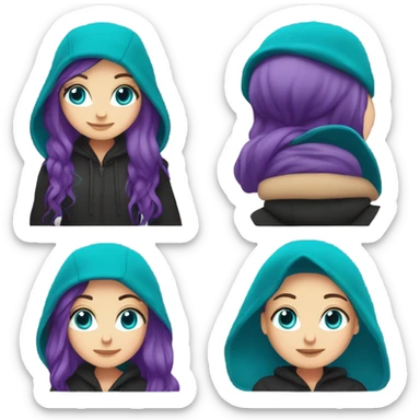 White girl, blue eyes, long teal hair, purple beanie hat, black hoodie, blue jeans, black shoes sticker