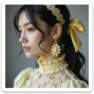 pastel yellow gothic bow and matching earrings, lace and velvet details, photorealistic style, transparent background, variation 1 sticker