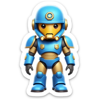 Clash of Clans aesthetic: Cinematic Playful Terran Marine Hero Emoji, rendered in a 3D vector-style similar to standard emojis with minimal shading and bold, simplified shapes. A compact, heroic isometric figure clad in futuristic power armor with signature energy accents, softly glowing with a cosmic battle charm. Simplified yet unmistakably iconic, highly detailed and consistent, glowing with a soft radiant shine and high gloss. Stylized with a touch of interstellar valor and a soft glowing outline, capturing the essence of an elite space warrior with a friendly, playful manner! sticker