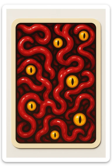 Render a card game card back using the provided painting as the base. Keep the red tentacle and yellow eye motif, add a bold border to make it look like a card back, in retro sticker style with vibrant colors and clean outlines. No central emblem, just the motif and border. sticker