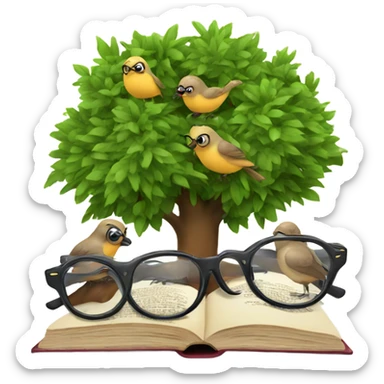 three birds in a tree but one of them using glasses and a book sticker