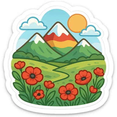 cartoon Kurdish sticker with mountain landscape and nature of Kurdistan including mountain, plain, and red poppy flowers, colorful and cheerful, no text, suitable for WhatsApp and Instagram sticker