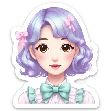 Gorgeous pastel anime style lady with blushing face with sparkly bow tie  cottagecore fairycore pastelcore shiny colorful pearly petite simplistic aesthetic trending style sticker