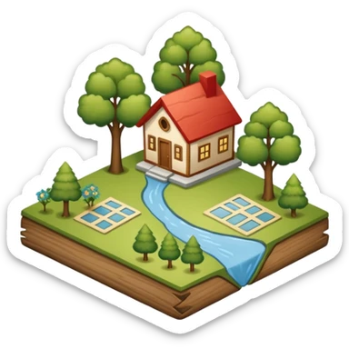 An icon featuring a local map, symbolizing local gardening. The design includes a different trees, and 1 tiny wooden house, representing the unique geography and culture of a specific area. Transparent background highlights the exploration of local history and environment. sticker