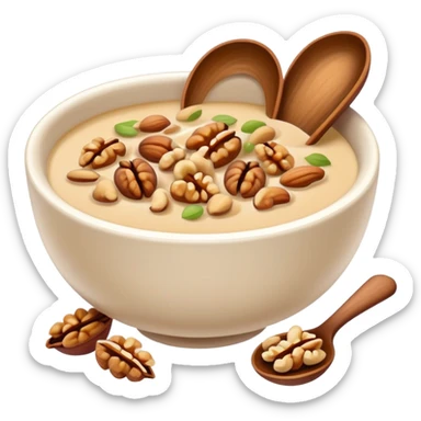 Walnut soup sweet dessert in bowl with nuts, simplified emoji style with bold outlines and bright colors, cartoon style Hetao Hu traditional sweet sticker