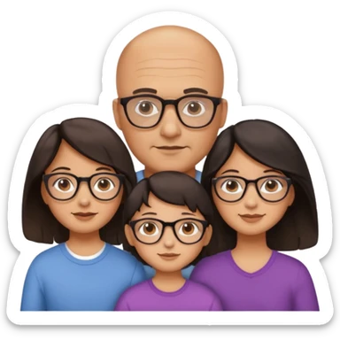 Papà calvo con occhiali, mamma capelli neri occhi marroni no occhiali, figlia capelli marroni mossi e occhiali tartarugati con montatura spessa occhi marroni, figlia capelli lisci marroni occhiali neri con montatura grande e fina occhi marroni  sticker