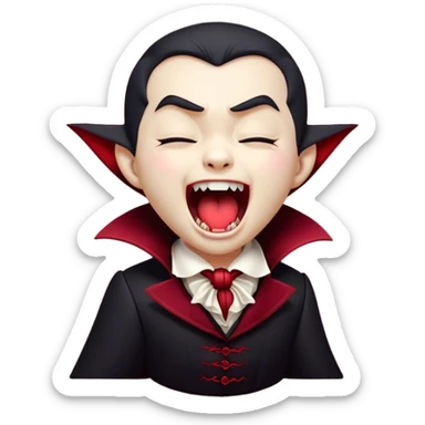 Cinematic Cute Yawning Vampire Portrait Emoji, with a small, rounded, charming pale face accented with tiny playful fangs and droopy, half-closed eyes, head tilted in an adorable wide yawn, dressed in miniature elegant dark attire with a hint of crimson, simplified yet irresistibly endearing, highly detailed with a soft, mysterious glow and gentle outline that captures the cute, drowsy side of an immortal! sticker