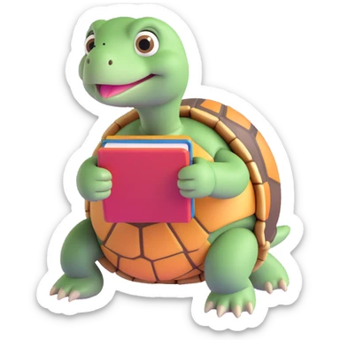 a tortoise holding a small book, looking curious and engaged, in a playful pose sticker