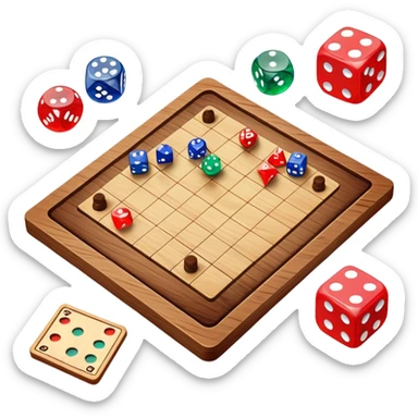 A photorealistic icon featuring a wooden board with a variety of game pieces, dice, a spinning top, and a set of colorful tokens. The design includes a rich, detailed texture of the board and game pieces, capturing the fun and strategy of different tabletop games. Transparent background. sticker
