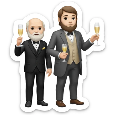 CHARLES darwin standing next to a Neandertal. They are drinkung champagne sticker
