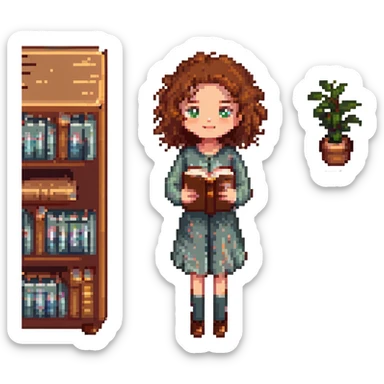 girl with brown curly hair and a book, pixel art style sticker