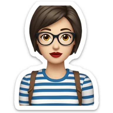 caucasian woman with retro glasses, dark brown hair, a bob haircut, bangs, red lipstick, blue and white striped t shirt sticker