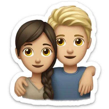 brunette girl cuddling dirty blonde boy sticker