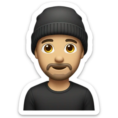 one white guy with black beanie hat and small beard sticker