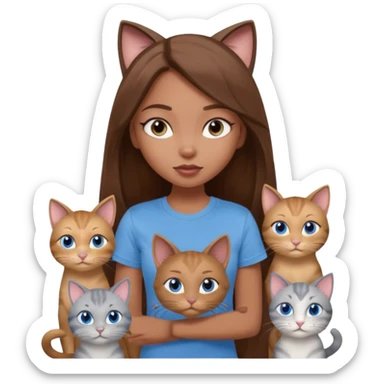 a pretty bratz dusky girl with long brown hair, blue eyes with six cats nd wearing a grey tshirt sticker