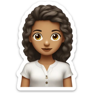 Niña de pelo largo color café oscuro, ojos cafes oscuros, camisa blanca,  que tenga una balaca roja con un moño, de piel blanca con pecas sticker