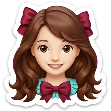 girl wavy long brown hair with a burgundy bow sticker