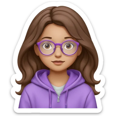 Chica de pelo largo y ondulado, con gafas redondas y expresión suave; viste una sudadera lila y transmite un estilo tranquilo y relajado. sticker