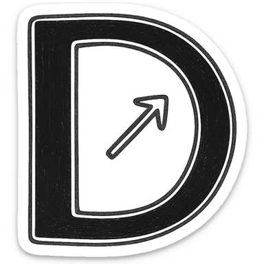 Flat, minimalist black letter "D" with thin white/silver outlines, containing a small diagonal right-pointing arrow (up-right direction) sticker