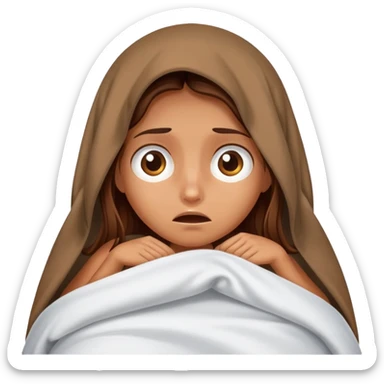 a tanned girl with brown long hair hid under the blanket in bed in fear sticker