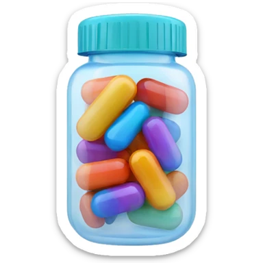 Small translucent plastic container with colorful pills inside sticker