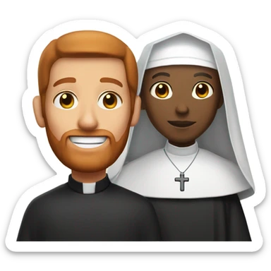 a caucasian priest with a red beard, an african american nun side by side sticker